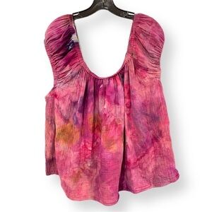 Tie dyed women plus 3X blouse tie back cut out pink purple orange crinkle